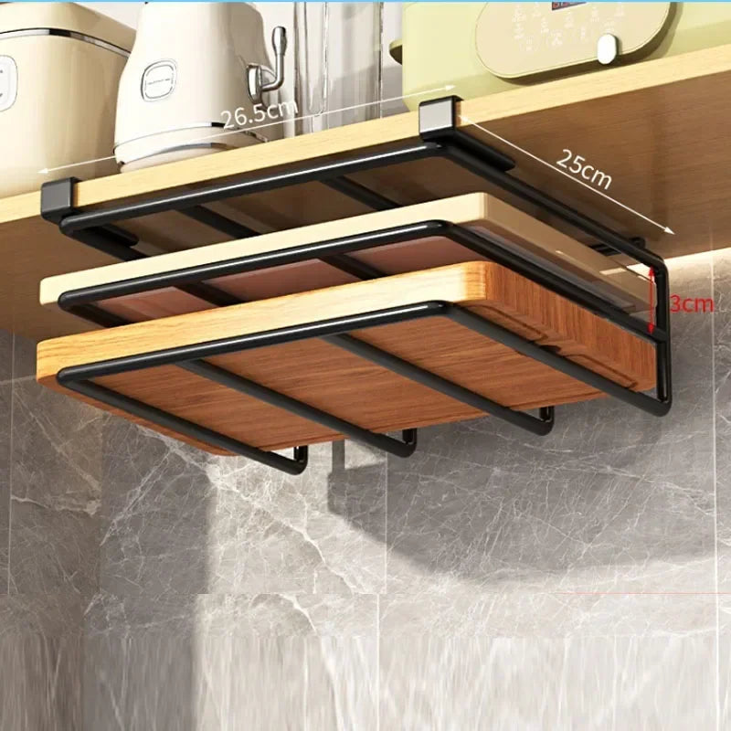 Kitchen Hanging Organizer Rack with Hooks Under Cupboard Paper Towel Rags Hanger Cutting Board Pot Cover Holder Storage Shelf