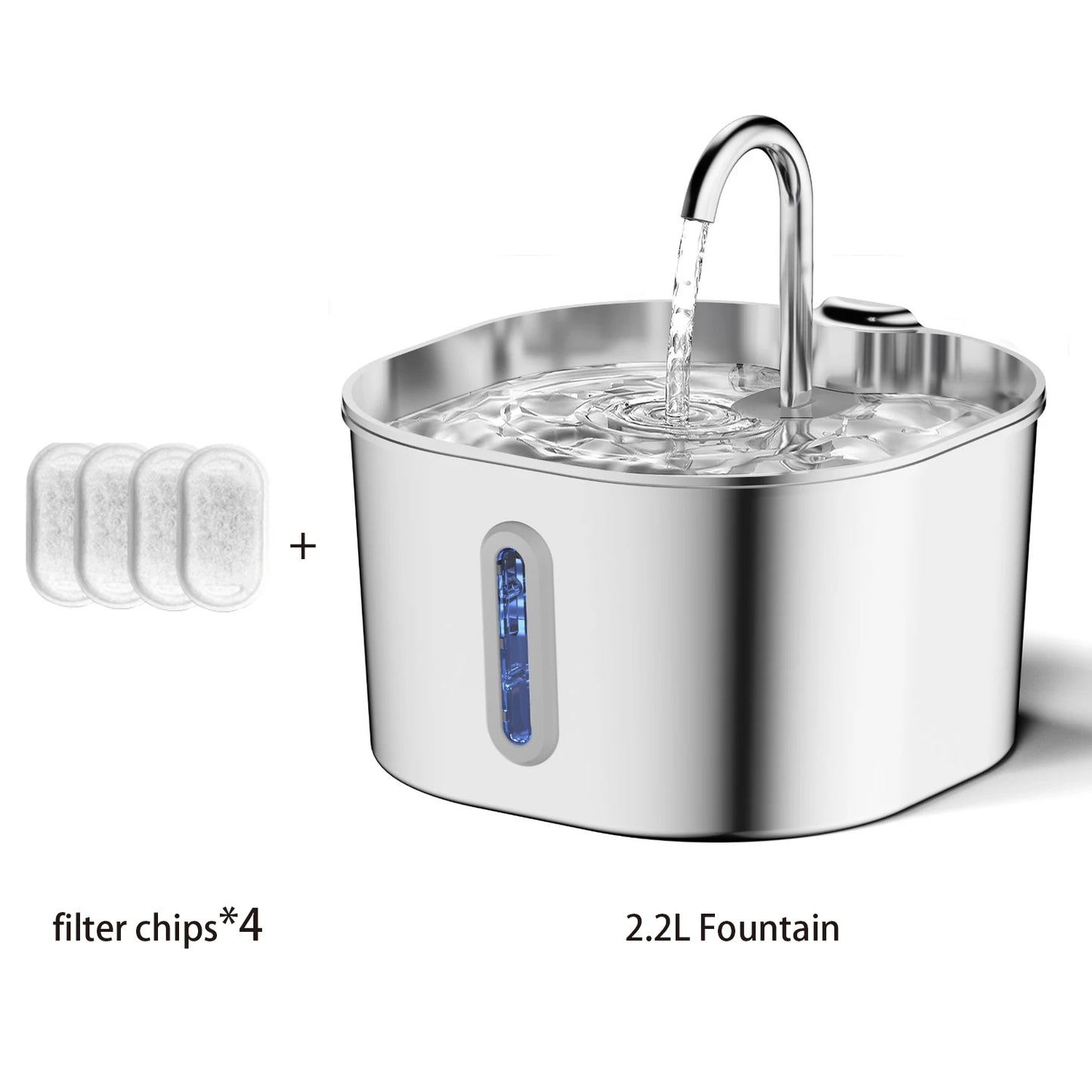 ZYFeeder 2.2L Automatic Cat Water Fountain Square Stainless Steel Pet Water Feeder Dog Water Fountain with window(No 5V 1A Plug)