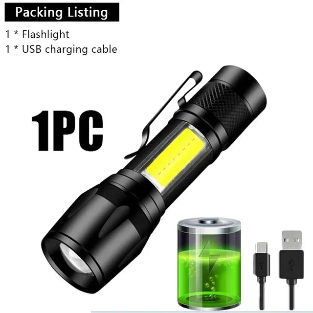 Portable Rechargeable LED Flashlight with Pen Clip Zoomable Waterproof Torch with Side Light Outdoor Camping Emergency Lantern