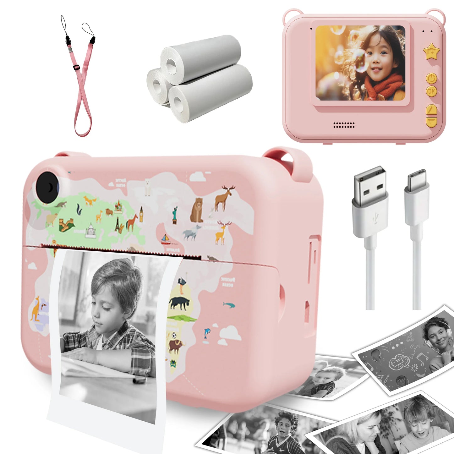 Kids Camera Digital Children Camera Instant Print Photo 1080P HD Video Recorder Toddler Mini Thermal Printer Birthday Gifts