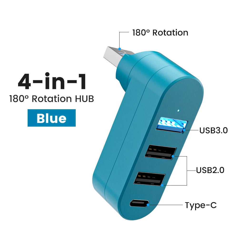 Elough Mini 180° Rotatable 4 Ports USB 3.0 2.0 Hub Type C High Speed Data Transfer U Disk Splitter Adapter For Laptop MacBook PC