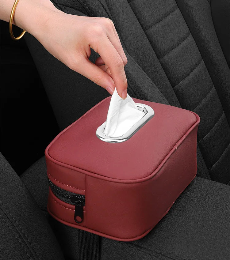 Car Tissue Box Holder Nappa  Leather Car Center Console Armrest Napkin Box Sun Visor Backseat Tissue Case with Fix Strap