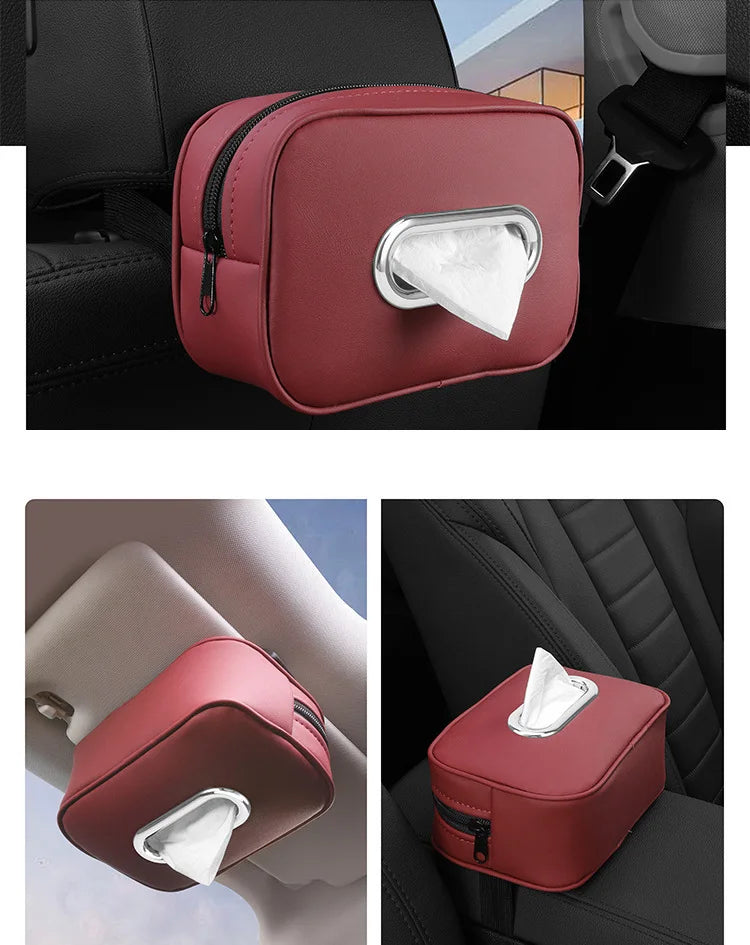 Car Tissue Box Holder Nappa  Leather Car Center Console Armrest Napkin Box Sun Visor Backseat Tissue Case with Fix Strap