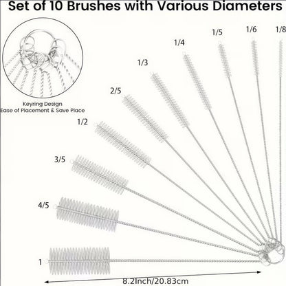 1 Set (10 Pieces) of Straw Cleaning Brush, Reusable Kitchen Tool, Straw Brush, Suitable for Glassware and Metal Straws