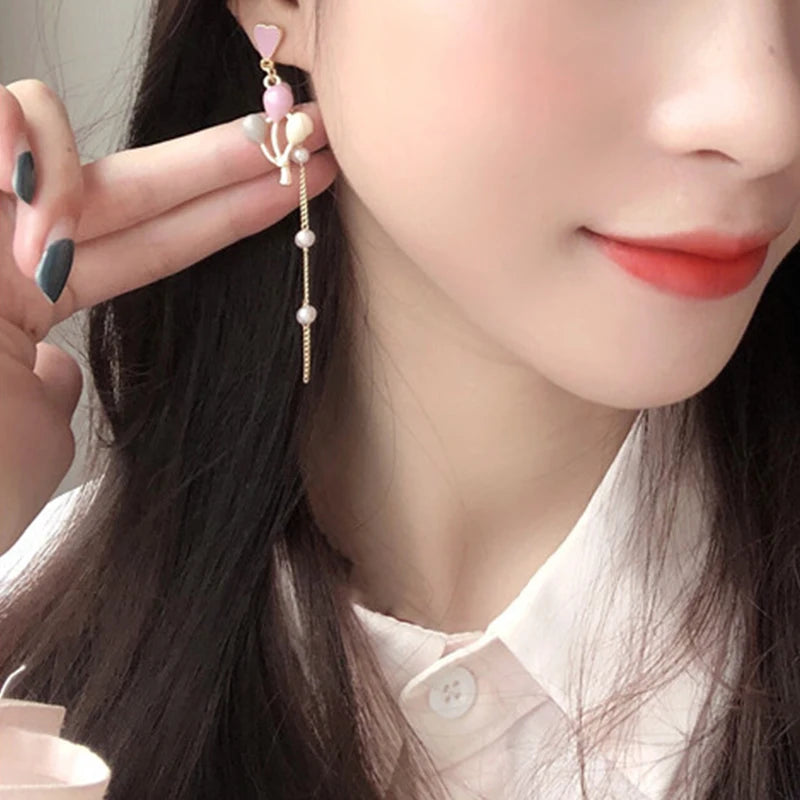 Korean Style Flower Cute Animal Dangle Earrings For Women Moon Stars Kitten Rabbit Balloon Asymmetric Earring Party Jewelry Gift