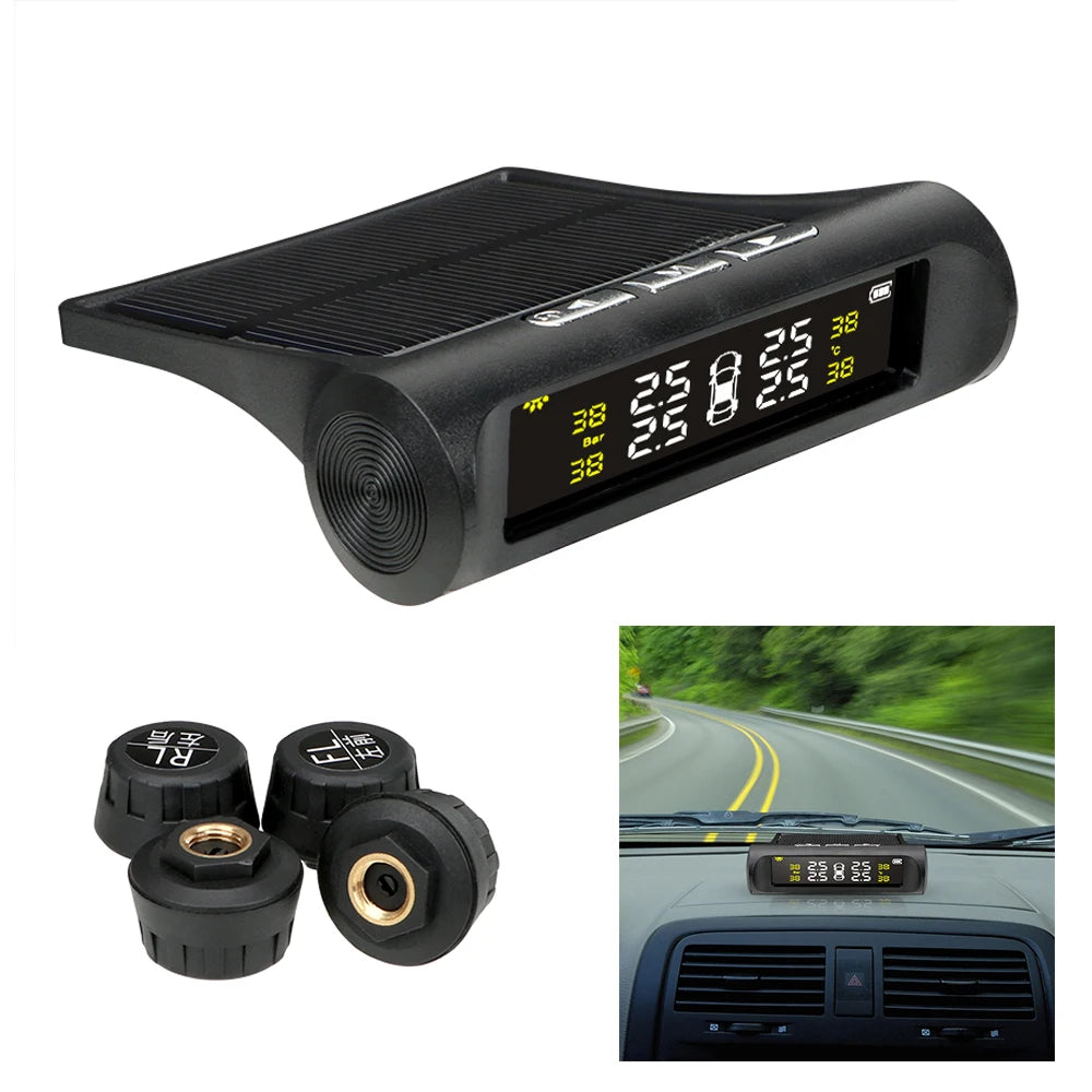 Solar TPMS Tire Pressure Monitoring System Temperature Warning Fuel Save Car Tyre Pressure Monitor 4 External Sensors Cartronics