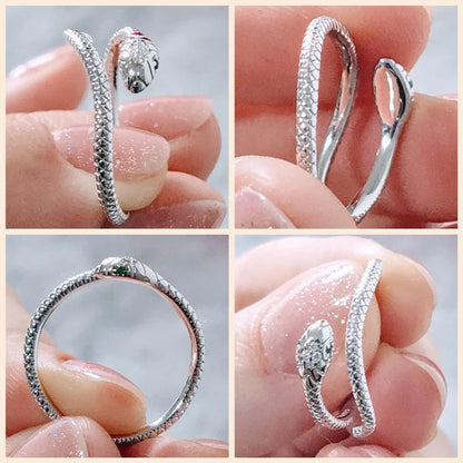 BAMOER 925 Sterling Silver Retro Textures Snake Adjustable Ring, 18K Gold Green Zircon Animal Ring Stackable Jewelry 4 Colors
