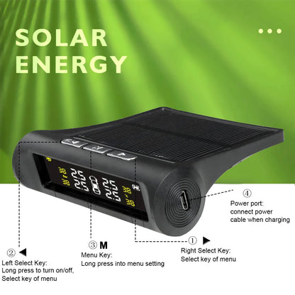 Solar TPMS Tire Pressure Monitoring System Temperature Warning Fuel Save Car Tyre Pressure Monitor 4 External Sensors Cartronics