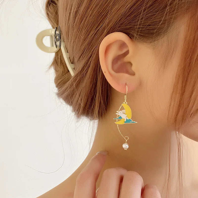 Korean Style Flower Cute Animal Dangle Earrings For Women Moon Stars Kitten Rabbit Balloon Asymmetric Earring Party Jewelry Gift