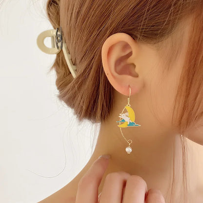 Korean Style Flower Cute Animal Dangle Earrings For Women Moon Stars Kitten Rabbit Balloon Asymmetric Earring Party Jewelry Gift