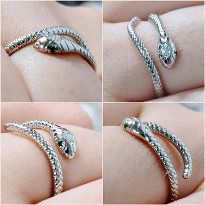 BAMOER 925 Sterling Silver Retro Textures Snake Adjustable Ring, 18K Gold Green Zircon Animal Ring Stackable Jewelry 4 Colors