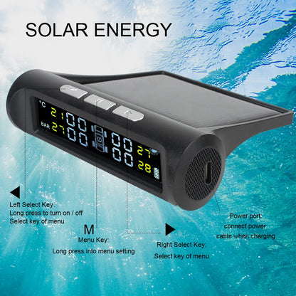 Solar TPMS Tire Pressure Monitoring System Temperature Warning Fuel Save Car Tyre Pressure Monitor 4 External Sensors Cartronics