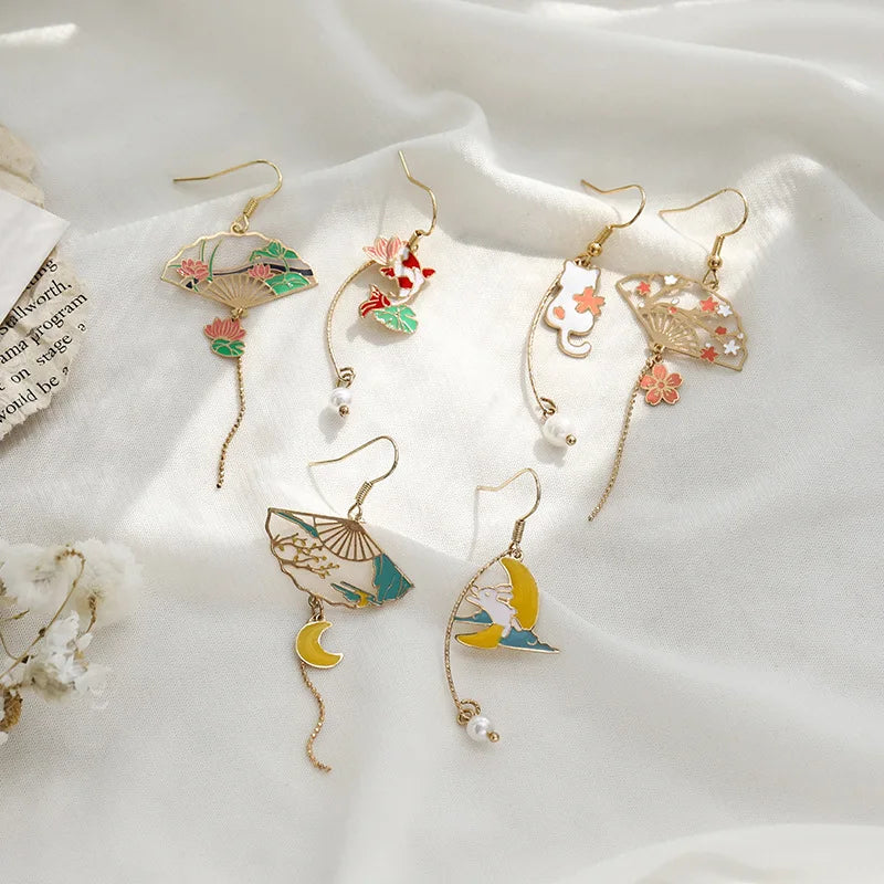 Korean Style Flower Cute Animal Dangle Earrings For Women Moon Stars Kitten Rabbit Balloon Asymmetric Earring Party Jewelry Gift