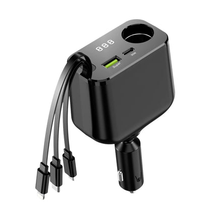 Retractable Car Charger, 4 in 1 Fast Car Phone Charger 30W, 3 Retractable Cables and 2 USB Port, Multi-function Fast Car Charger