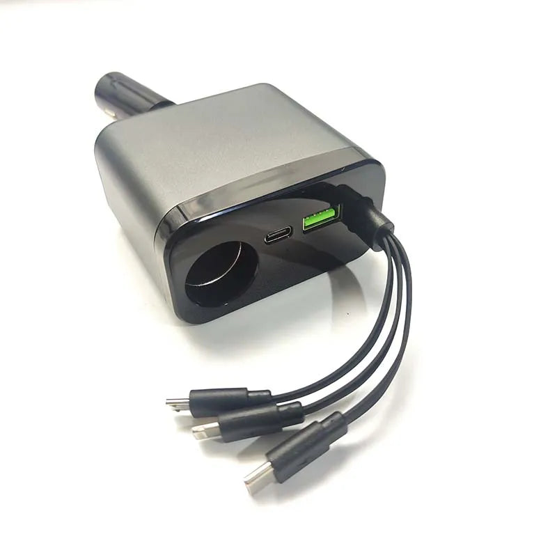 Retractable Car Charger, 4 in 1 Fast Car Phone Charger 30W, 3 Retractable Cables and 2 USB Port, Multi-function Fast Car Charger