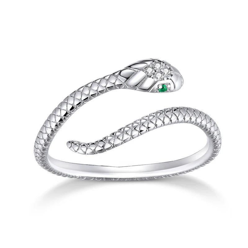 BAMOER 925 Sterling Silver Retro Textures Snake Adjustable Ring, 18K Gold Green Zircon Animal Ring Stackable Jewelry 4 Colors
