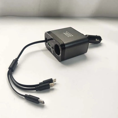 Retractable Car Charger, 4 in 1 Fast Car Phone Charger 30W, 3 Retractable Cables and 2 USB Port, Multi-function Fast Car Charger