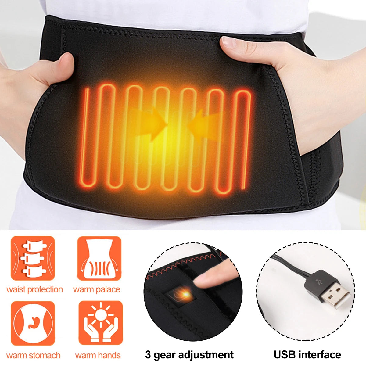 3 Gear Adjustable Waist Far Infrared Hot Compress Electric Heating Therapy Back Waist Support Belt Brace Massage Health Care