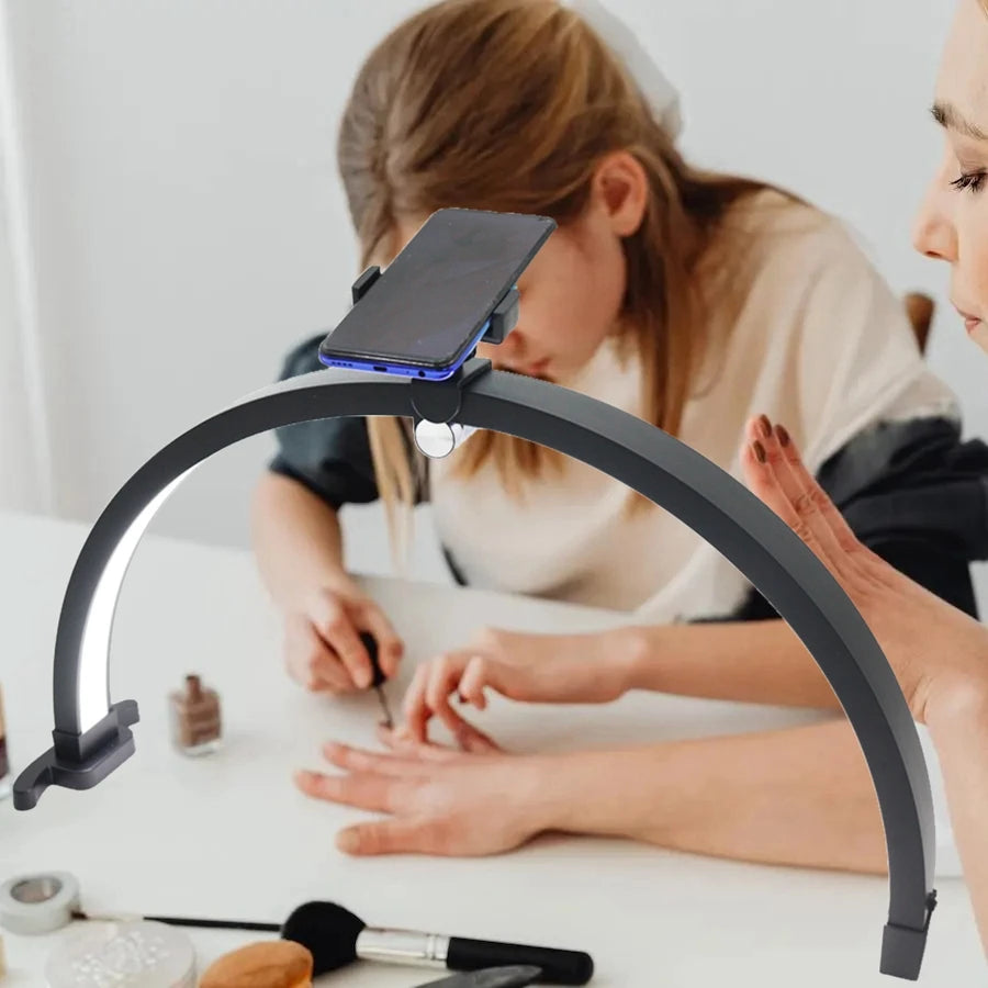 20W Foldable Half Moon Nail Table Lamp Touch Control 3200-5600K Beauty Light 22 Inch Crescent Manicure Tattoo Phone Holder