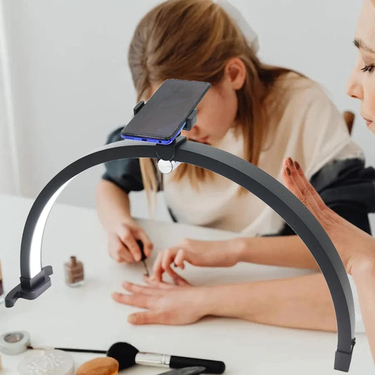 20W Foldable Half Moon Nail Table Lamp Touch Control 3200-5600K Beauty Light 22 Inch Crescent Manicure Tattoo Phone Holder