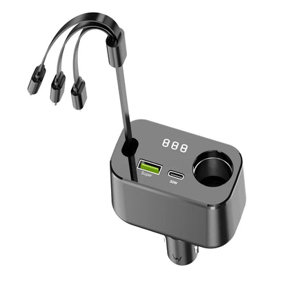 Retractable Car Charger, 4 in 1 Fast Car Phone Charger 30W, 3 Retractable Cables and 2 USB Port, Multi-function Fast Car Charger