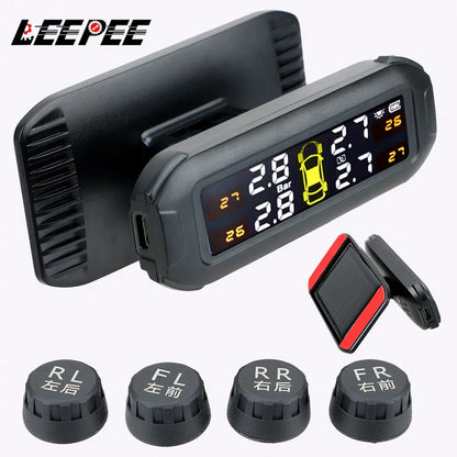 Solar TPMS Tire Pressure Monitoring System Temperature Warning Fuel Save Car Tyre Pressure Monitor 4 External Sensors Cartronics