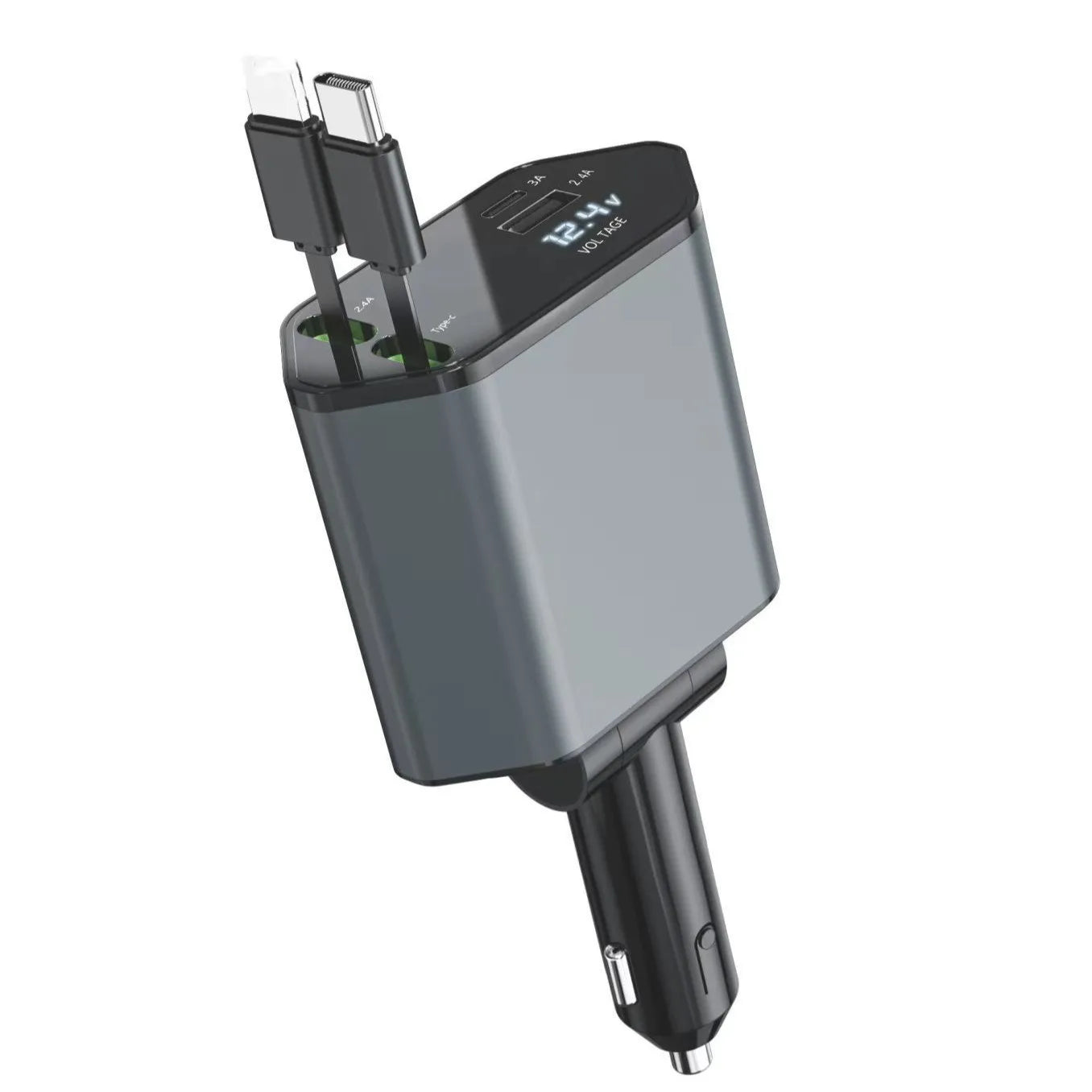 Retractable Car Charger, 4 in 1 Fast Car Phone Charger 30W, 3 Retractable Cables and 2 USB Port, Multi-function Fast Car Charger