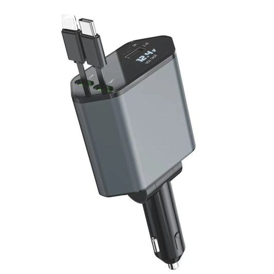 Retractable Car Charger, 4 in 1 Fast Car Phone Charger 30W, 3 Retractable Cables and 2 USB Port, Multi-function Fast Car Charger