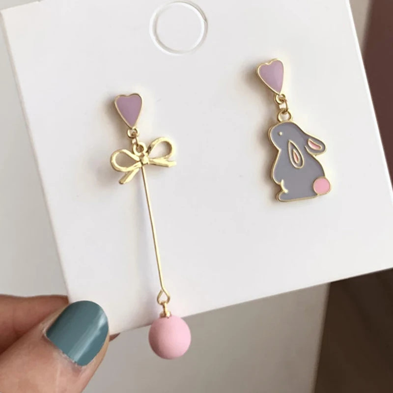 Korean Style Flower Cute Animal Dangle Earrings For Women Moon Stars Kitten Rabbit Balloon Asymmetric Earring Party Jewelry Gift