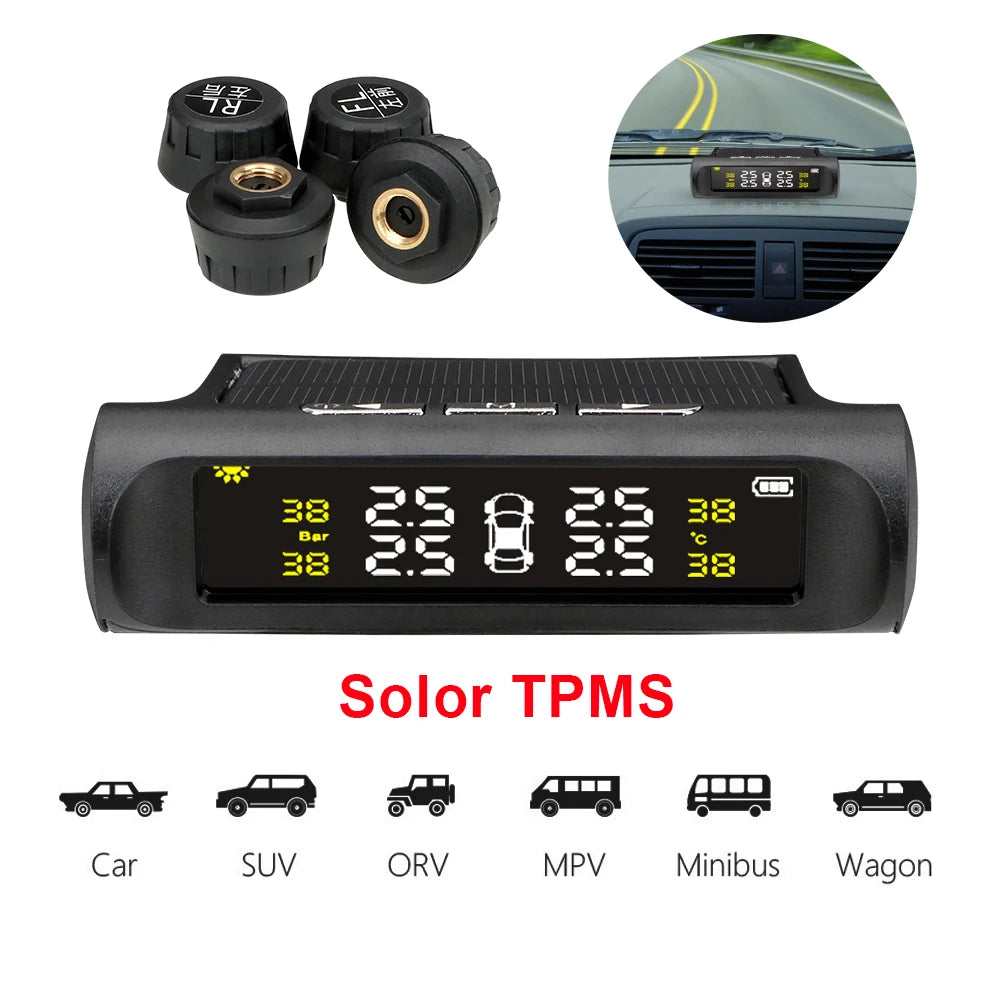 Solar TPMS Tire Pressure Monitoring System Temperature Warning Fuel Save Car Tyre Pressure Monitor 4 External Sensors Cartronics