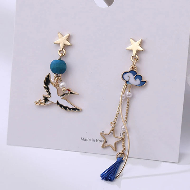 Korean Style Flower Cute Animal Dangle Earrings For Women Moon Stars Kitten Rabbit Balloon Asymmetric Earring Party Jewelry Gift