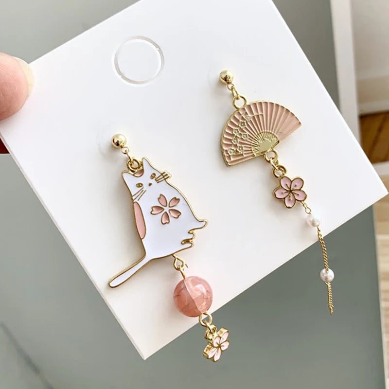 Korean Style Flower Cute Animal Dangle Earrings For Women Moon Stars Kitten Rabbit Balloon Asymmetric Earring Party Jewelry Gift