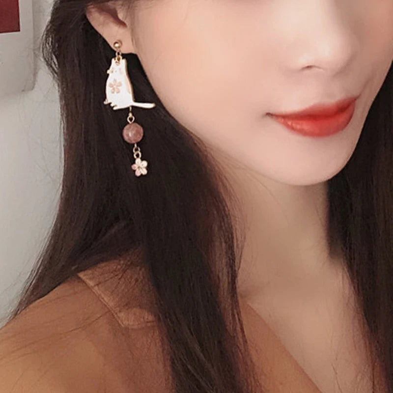 Korean Style Flower Cute Animal Dangle Earrings For Women Moon Stars Kitten Rabbit Balloon Asymmetric Earring Party Jewelry Gift