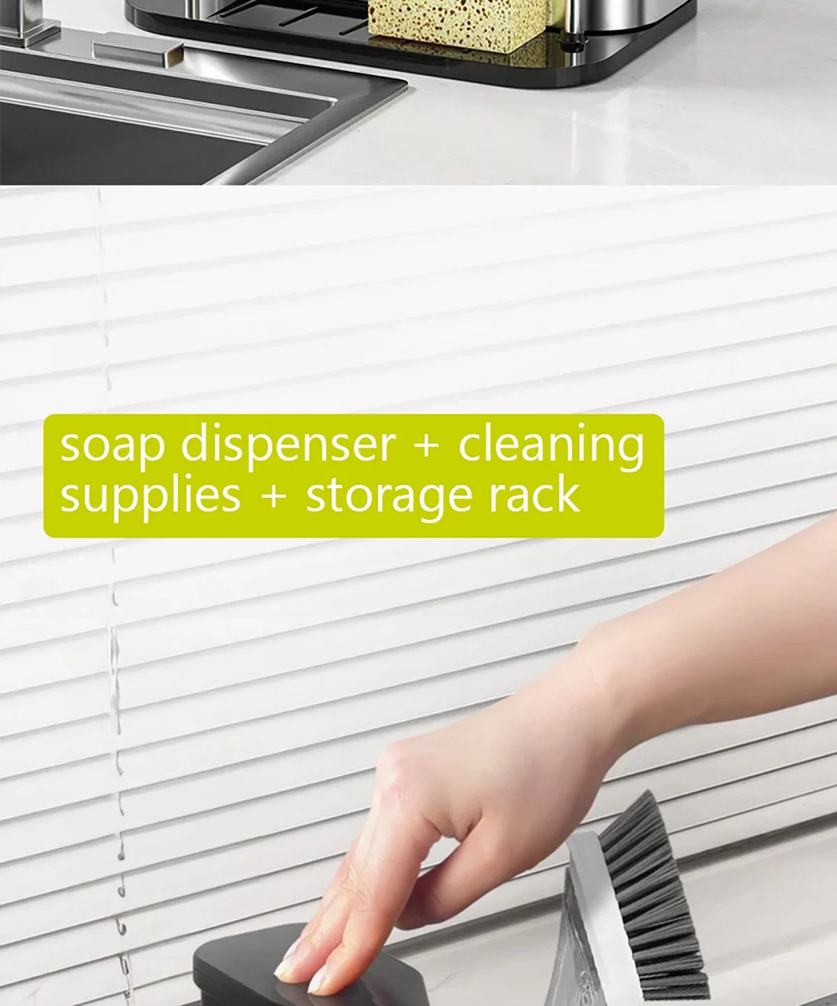 Stainless Steel Kitchen Cleaning Organizer Detergent Dispenser & Sponge Holder Easy to Clean Compact size Fits the sink 3-in-1