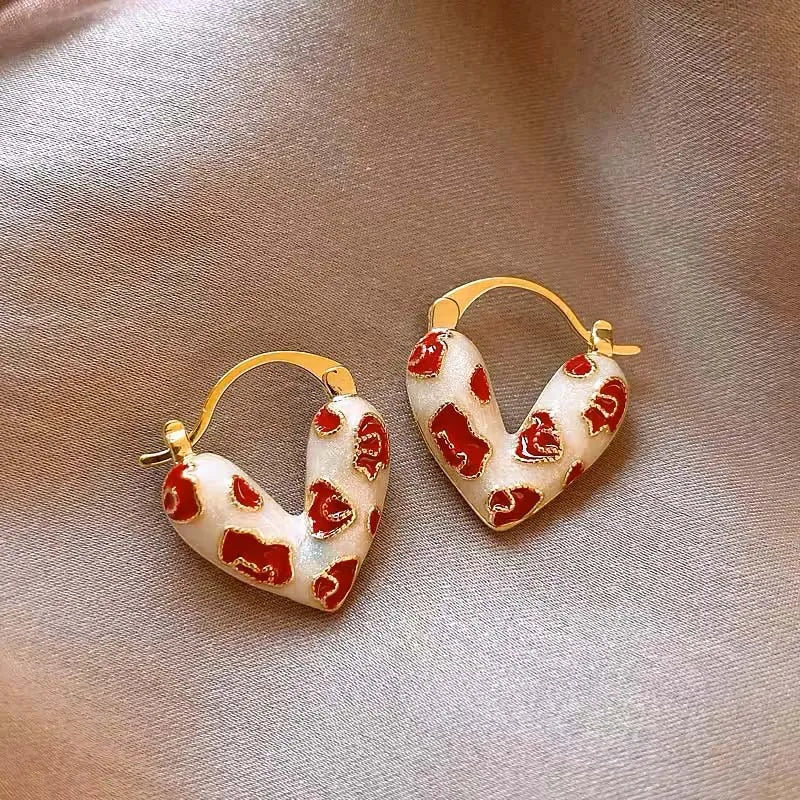 2026 Trendy Red Dripping Oil Heart Hoop Earrings For Women Girls Korean Elegant Love Dangle Earring Jewelry Gift