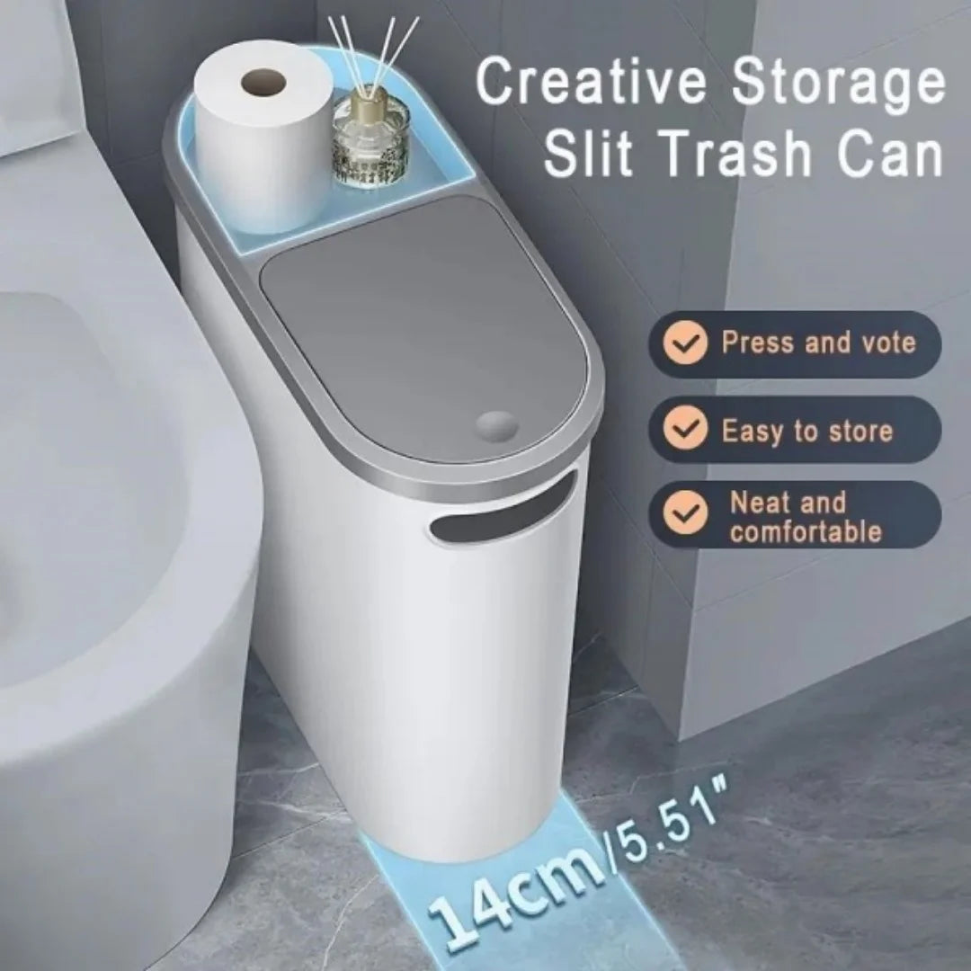 Fashionable white grey bathroom trash can with lid and handle - large capacity, press to open design, suitable for use in small