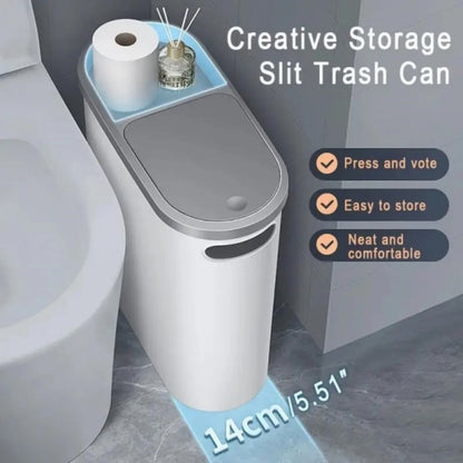 Fashionable white grey bathroom trash can with lid and handle - large capacity, press to open design, suitable for use in small