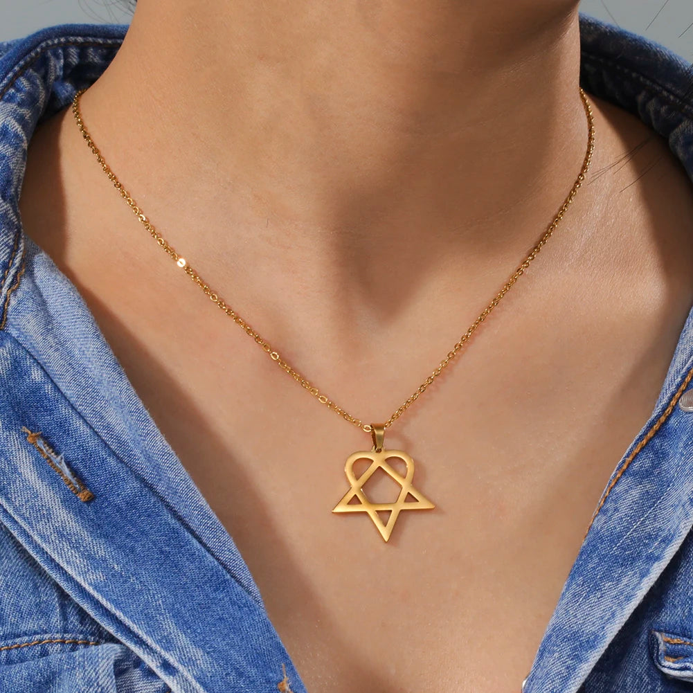 Lucktune Heartagram Star Pendant Necklace Stainless Steel Heart Pentagonal Chain Necklace Women Couple Jewelry Wedding Gift