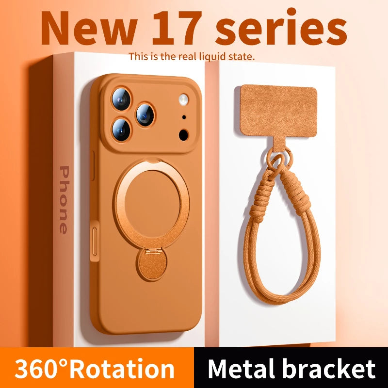 Liquid Silicone Bracket Magnetic Case For iPhone 17 16 15 14 13 Pro Max Air Magsafe With Hanging Rope Anti Fall Protective Cover
