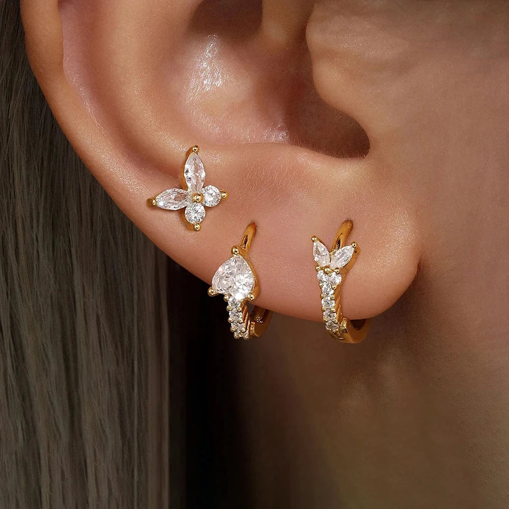 3PCS Gold Plated Zircon Butterfly Hoop Earring Set Women Shiny Crystal Stackable Cartilage Piercing Earring Hypoallergen Jewelry