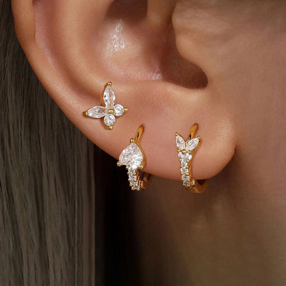 3PCS Gold Plated Zircon Butterfly Hoop Earring Set Women Shiny Crystal Stackable Cartilage Piercing Earring Hypoallergen Jewelry
