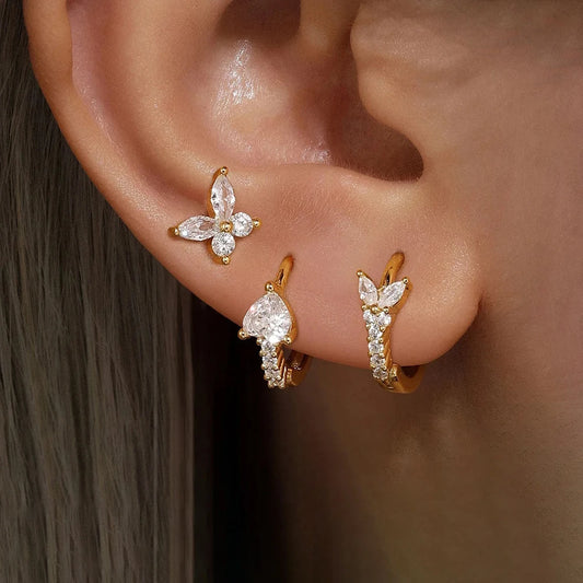 3PCS Gold Plated Zircon Butterfly Hoop Earring Set Women Shiny Crystal Stackable Cartilage Piercing Earring Hypoallergen Jewelry