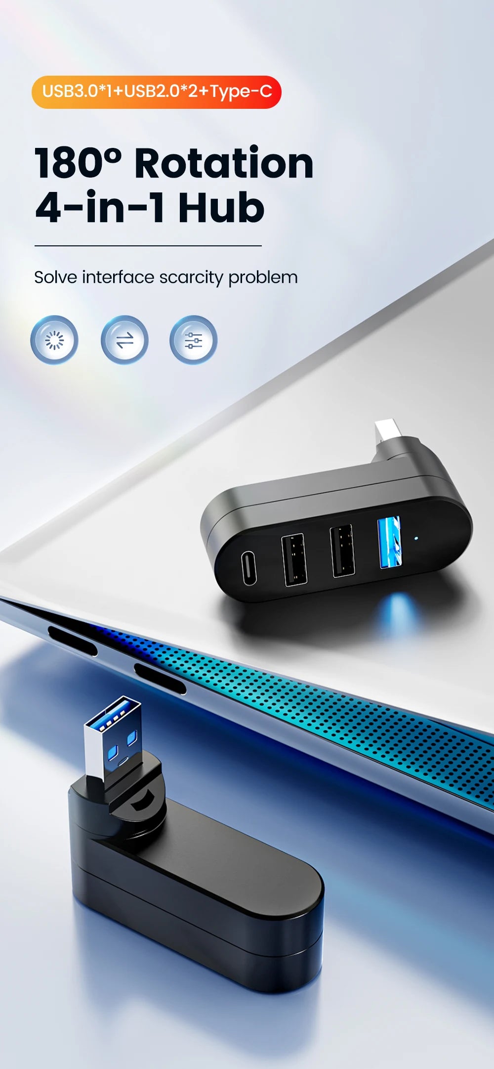 Elough Mini 180° Rotatable 4 Ports USB 3.0 2.0 Hub Type C High Speed Data Transfer U Disk Splitter Adapter For Laptop MacBook PC