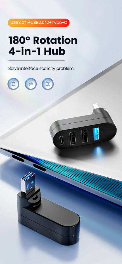 Elough Mini 180° Rotatable 4 Ports USB 3.0 2.0 Hub Type C High Speed Data Transfer U Disk Splitter Adapter For Laptop MacBook PC