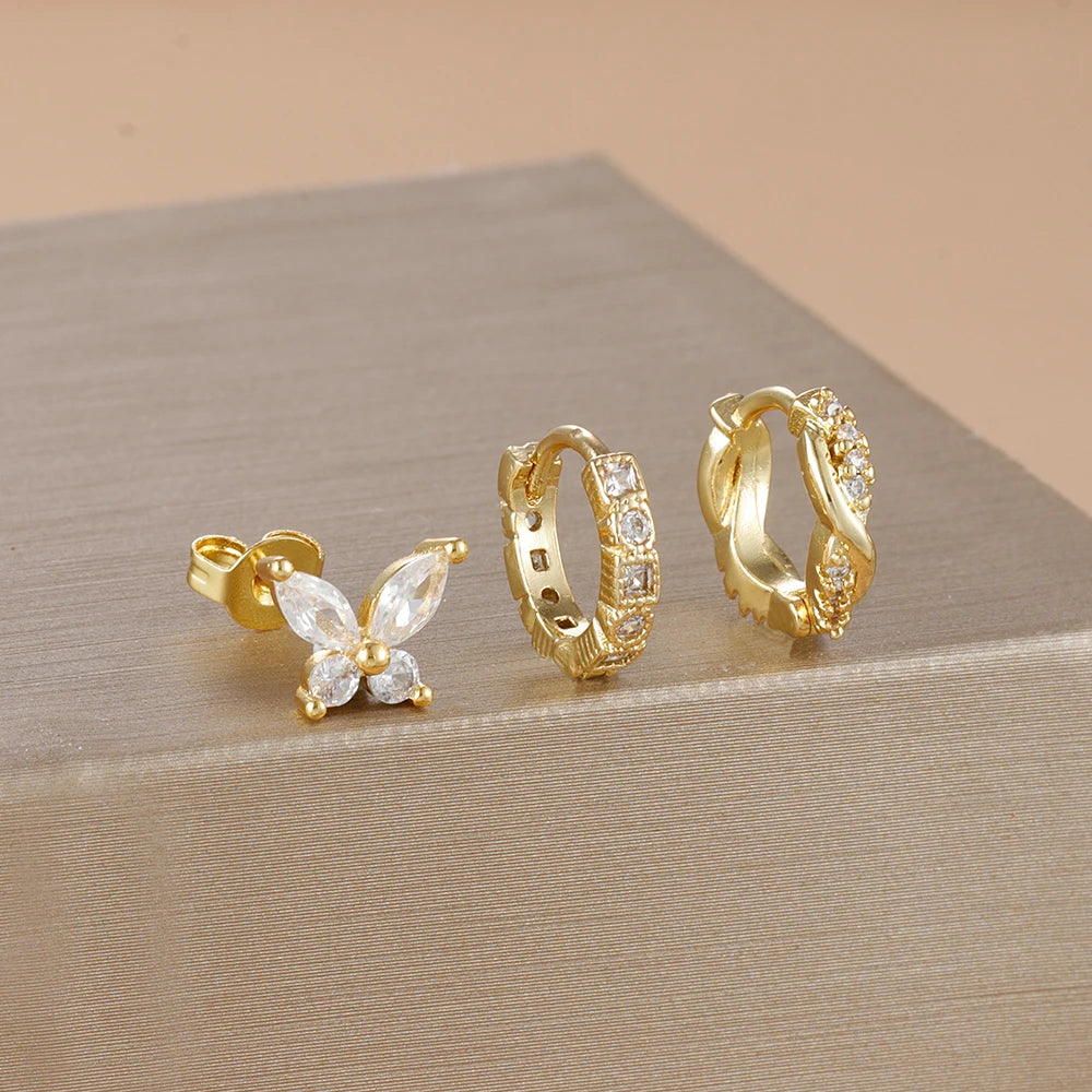 3PCS Gold Plated Zircon Butterfly Hoop Earring Set Women Shiny Crystal Stackable Cartilage Piercing Earring Hypoallergen Jewelry