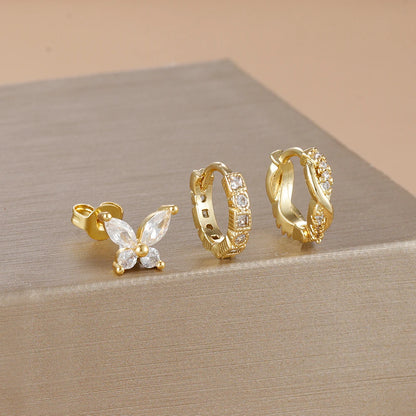 3PCS Gold Plated Zircon Butterfly Hoop Earring Set Women Shiny Crystal Stackable Cartilage Piercing Earring Hypoallergen Jewelry