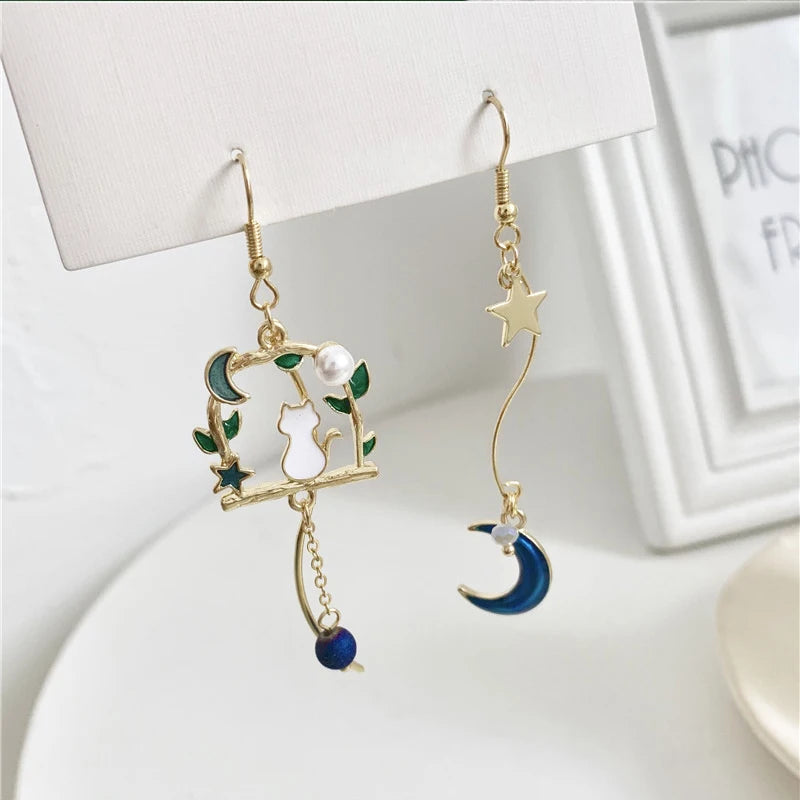 Korean Style Flower Cute Animal Dangle Earrings For Women Moon Stars Kitten Rabbit Balloon Asymmetric Earring Party Jewelry Gift