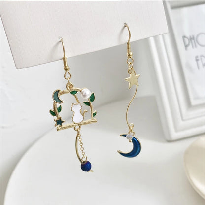 Korean Style Flower Cute Animal Dangle Earrings For Women Moon Stars Kitten Rabbit Balloon Asymmetric Earring Party Jewelry Gift