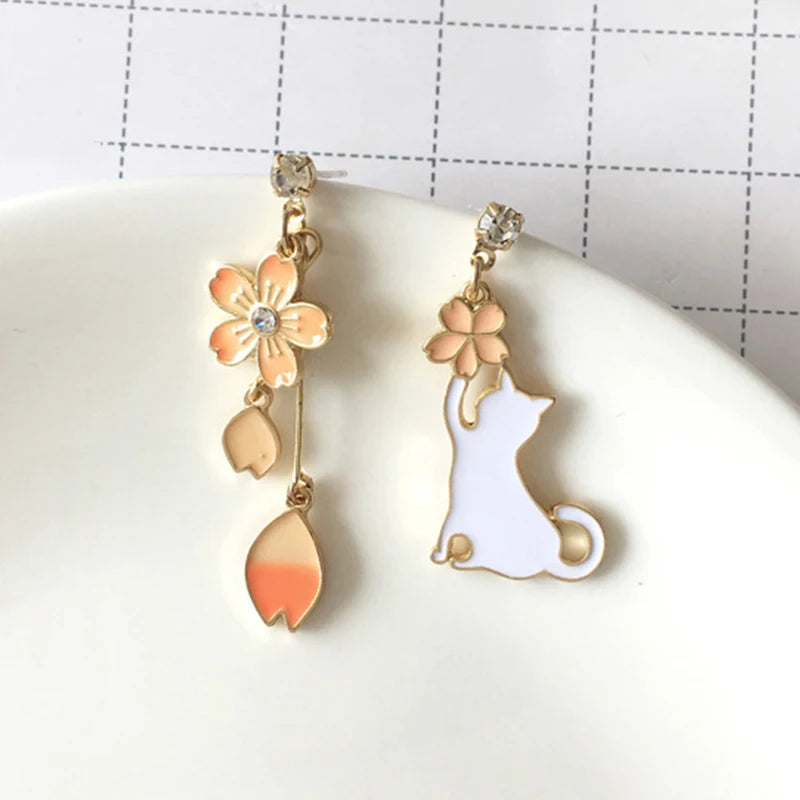 Korean Style Flower Cute Animal Dangle Earrings For Women Moon Stars Kitten Rabbit Balloon Asymmetric Earring Party Jewelry Gift