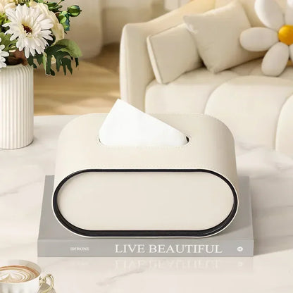 Light Luxury Paper Box High-end Living Room Creative Oval Leather Tissue Box Bedroom Desktop Napkin Storage Box Organization